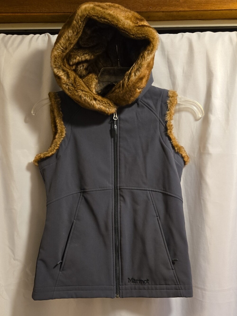 Marmot Gray Sleeveless Hooded Vest with Brown Faux-Fur Trim S/P